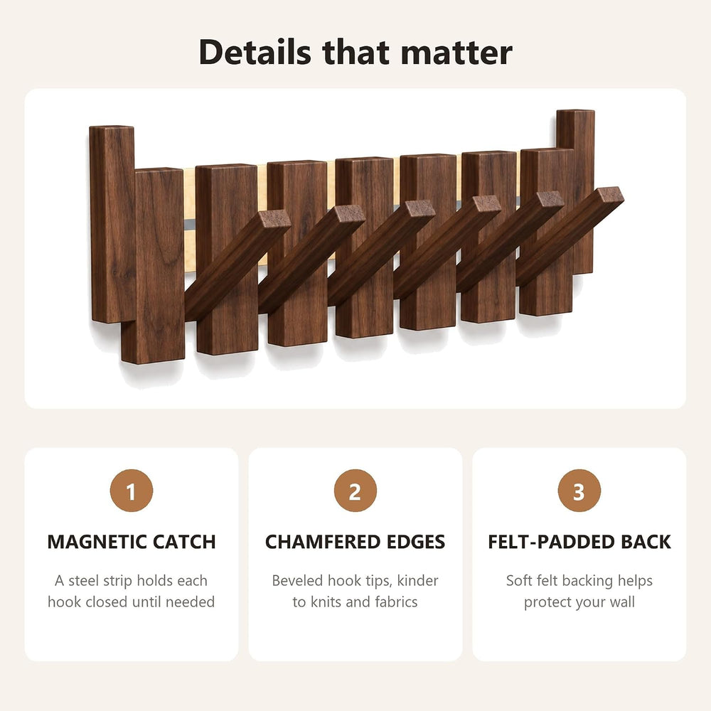Piano Key Coat Rack Wall Mounted, 6 Flip-Down Hooks, Walnut-Toned
