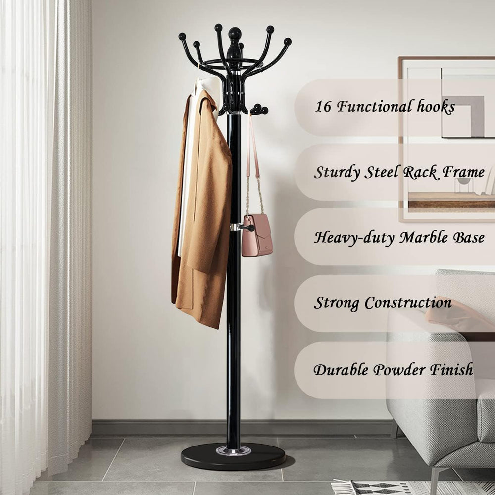 Kertnic Freestanding Coat Rack with 16 Hooks & Marble Base - Heavy Duty M...