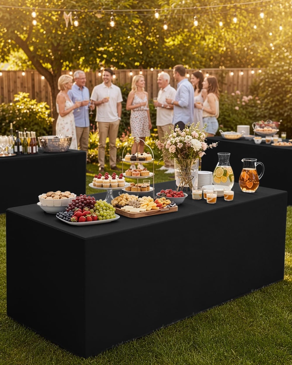 2 Pack Black Open Back Fitted Tablecloth Rectangle for 6ft Table