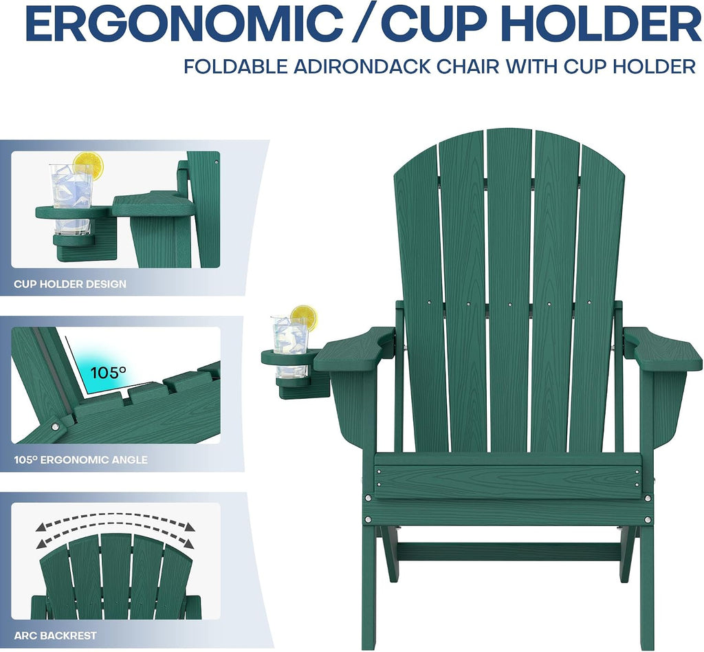 Adirondack Chair Set of 2 with Cup Holders&Table, Green