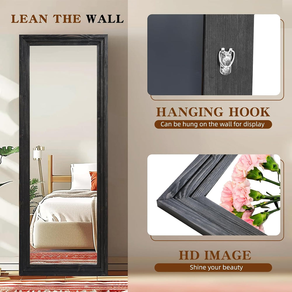 65x24in Full Length Mirror, 3-Tier Stepped Solid Wood Frame, Black