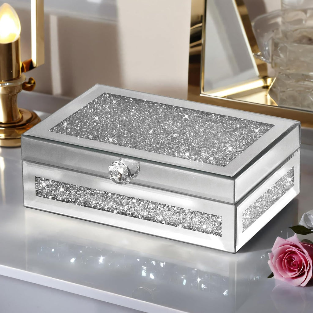 Mirrored Jewelry Box with Lid, Crushed Diamond Bling Jewelry Organizer for Women Girls, Ring Necklace Bracelet Storage Box, Gift Idea