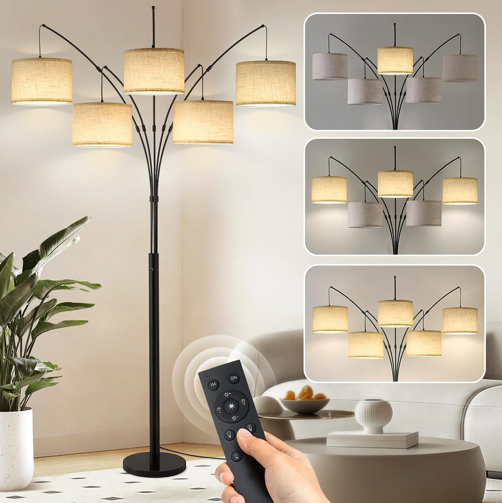 Bright Floor Lamp, Remote Control, Beige Shade Black Pole