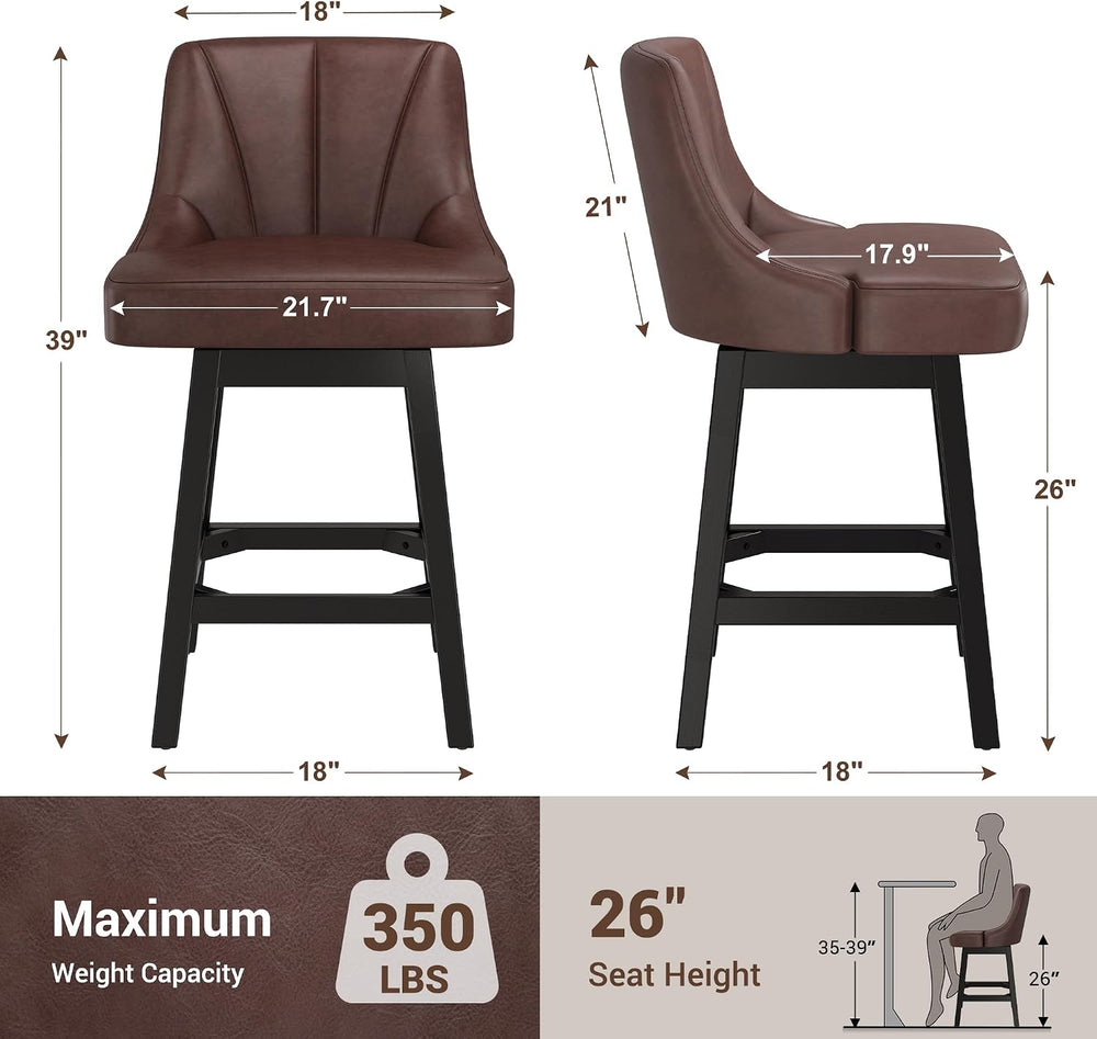 YaFiti 26" Swivel Bar Stools Set of 2 with Back & Wood Legs, Leather...