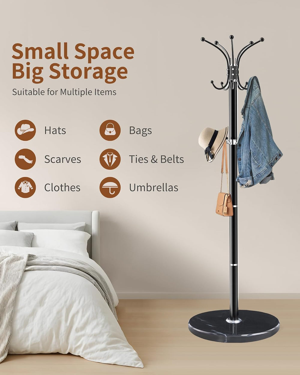 Snaikor Metal Coat Rack Freestanding with Marble Base 360°Rotary 14 Hooks