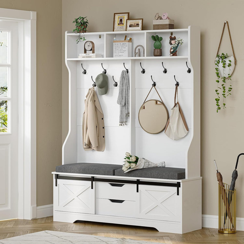 UPOSOJA Hall Tree with Bench and Shoe Storage, Entryway Bench with Coat Rack,...