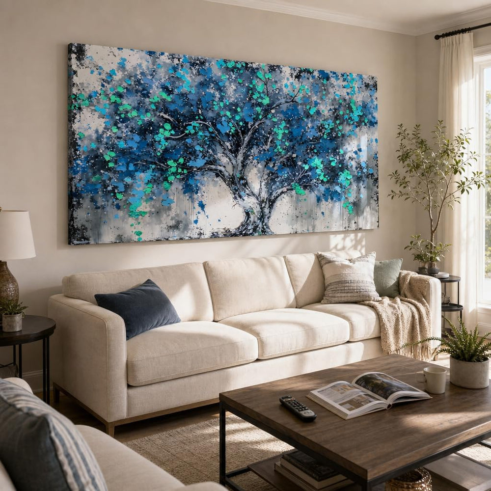 SHYART Tree Wall Art Teal Blue Nature Tree of Life Canvas Painting 58x28in