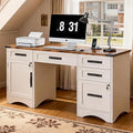 Decofy Farmhouse Executive Desk with Drawers, 55" Home Office Desks with Fast Charging Station, Lockable File Cabinet, Wood Writing Computer Desk for Work, Study