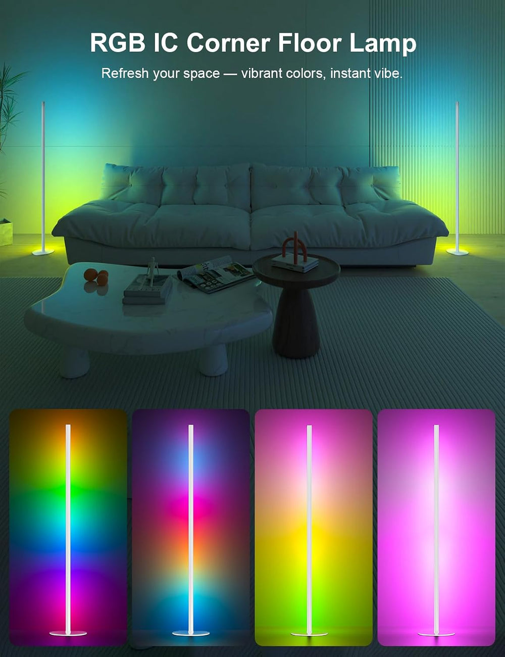 Corner Floor Lamp, Smart RGBW LED, 55in, Remote & App Control White 2 Pack