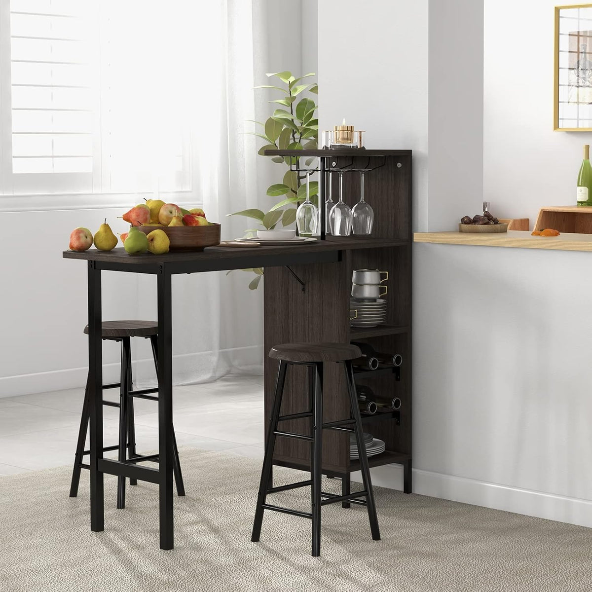 GIANTEX 3 Pieces Bar Table and Stools Set, Bistro Table Set with Glass Holder, 2 Tier Wine Rack & Storage Shelves, Kitchen Counter Table with 2 Stools for Home, Dining Room, Restaurant, Pub (Brown)