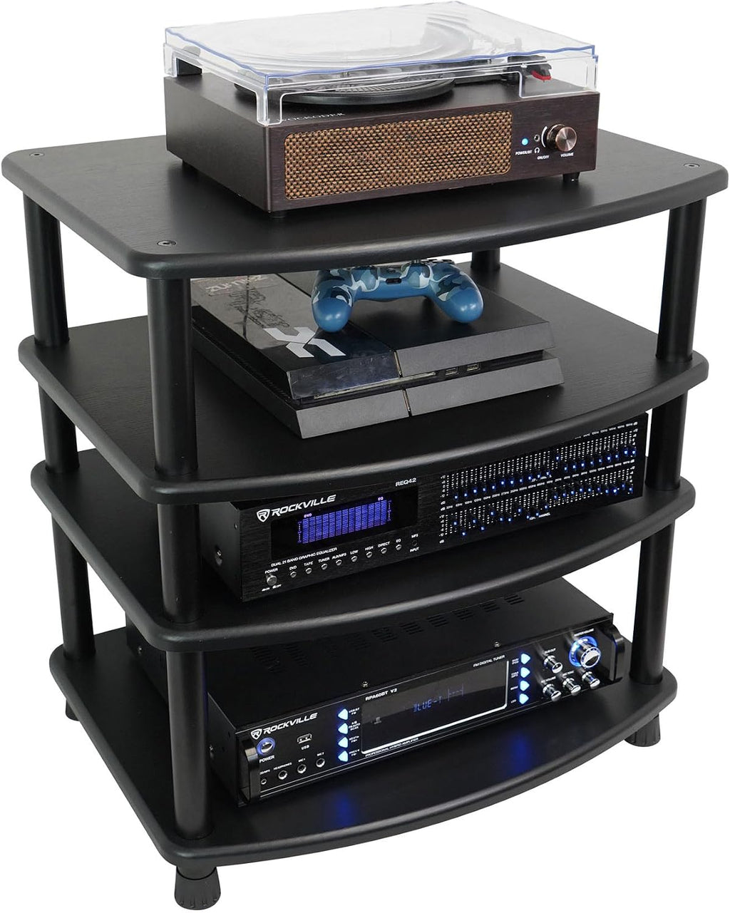 Rockville FLX Black Adjustable Height 4 Shelf Home Theater Audio Rack