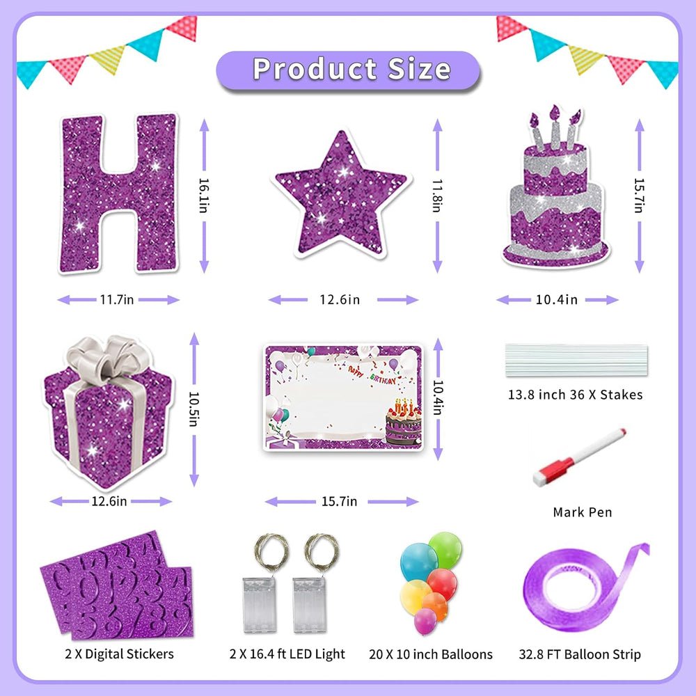 18Pcs Happy Birthday Yard Sign with Stakes,Led Light,16" Lawn Decor