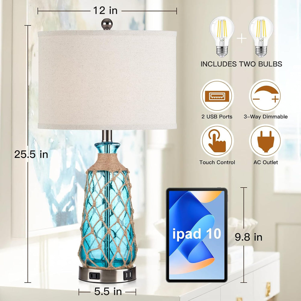 Ruzectt 25.5" Coastal Glass Table Lamps Set of 2, 3-Way Dimmable Touch C...