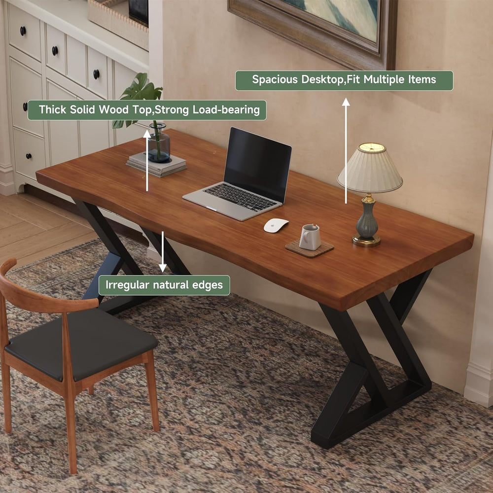 63inch Solid Wood Desk with Metal Legs, Rustic Brown, Industrial Style Writin...