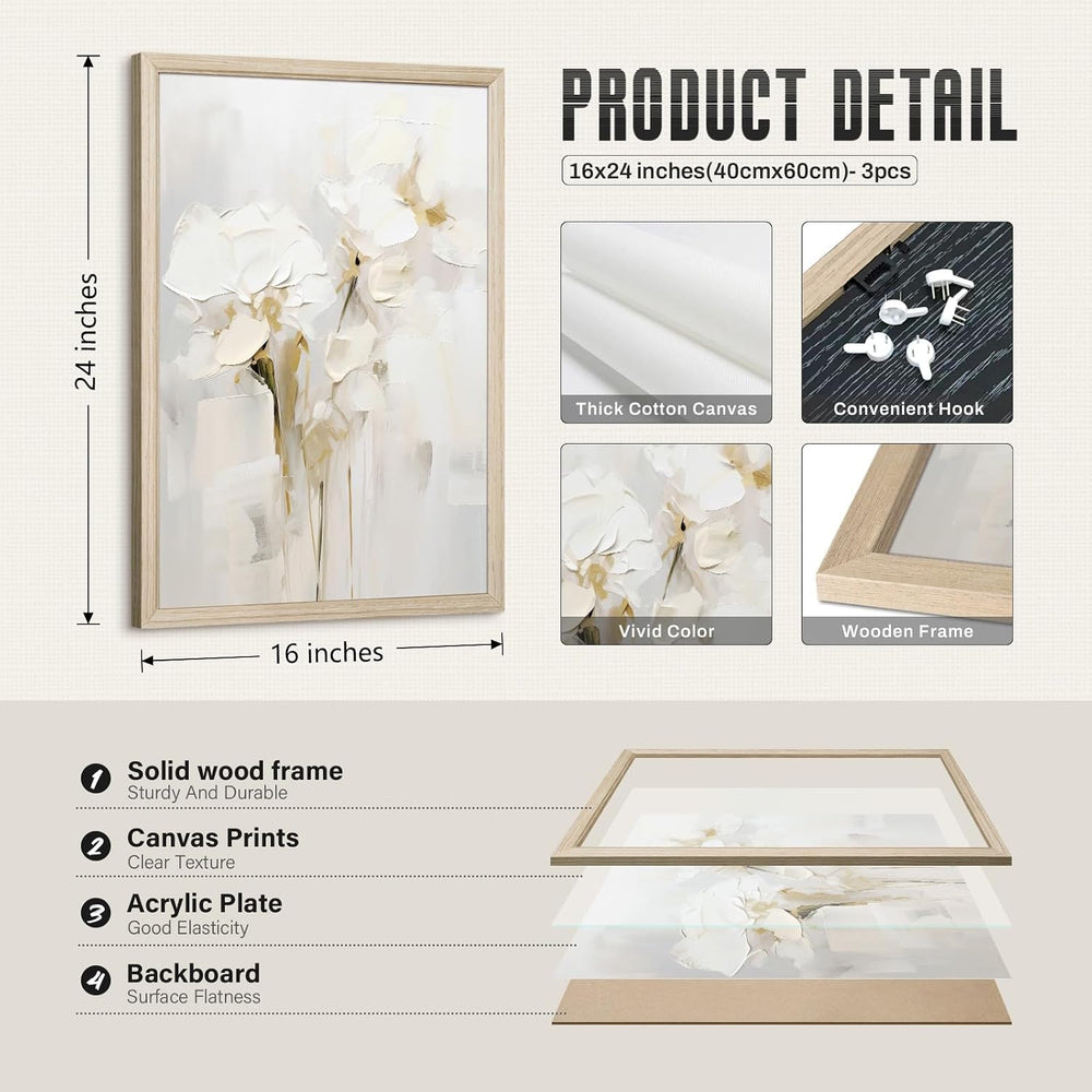 Neutral Wall Art Abstract Floral Canvas Pictures Beige Flower Wall Decor Mode...