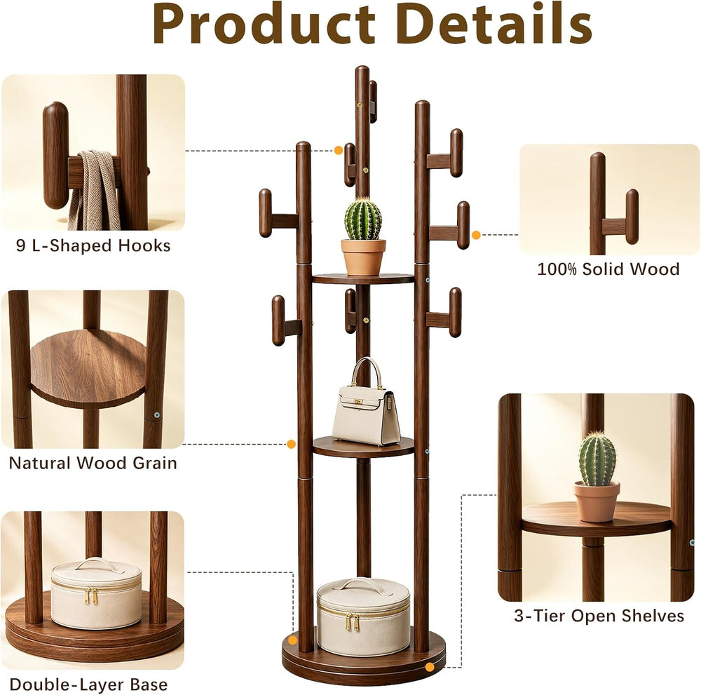Rotary Coat Rack Freestanding - Solid Wood Coat Tree with 9 hooks & 3 Sto...