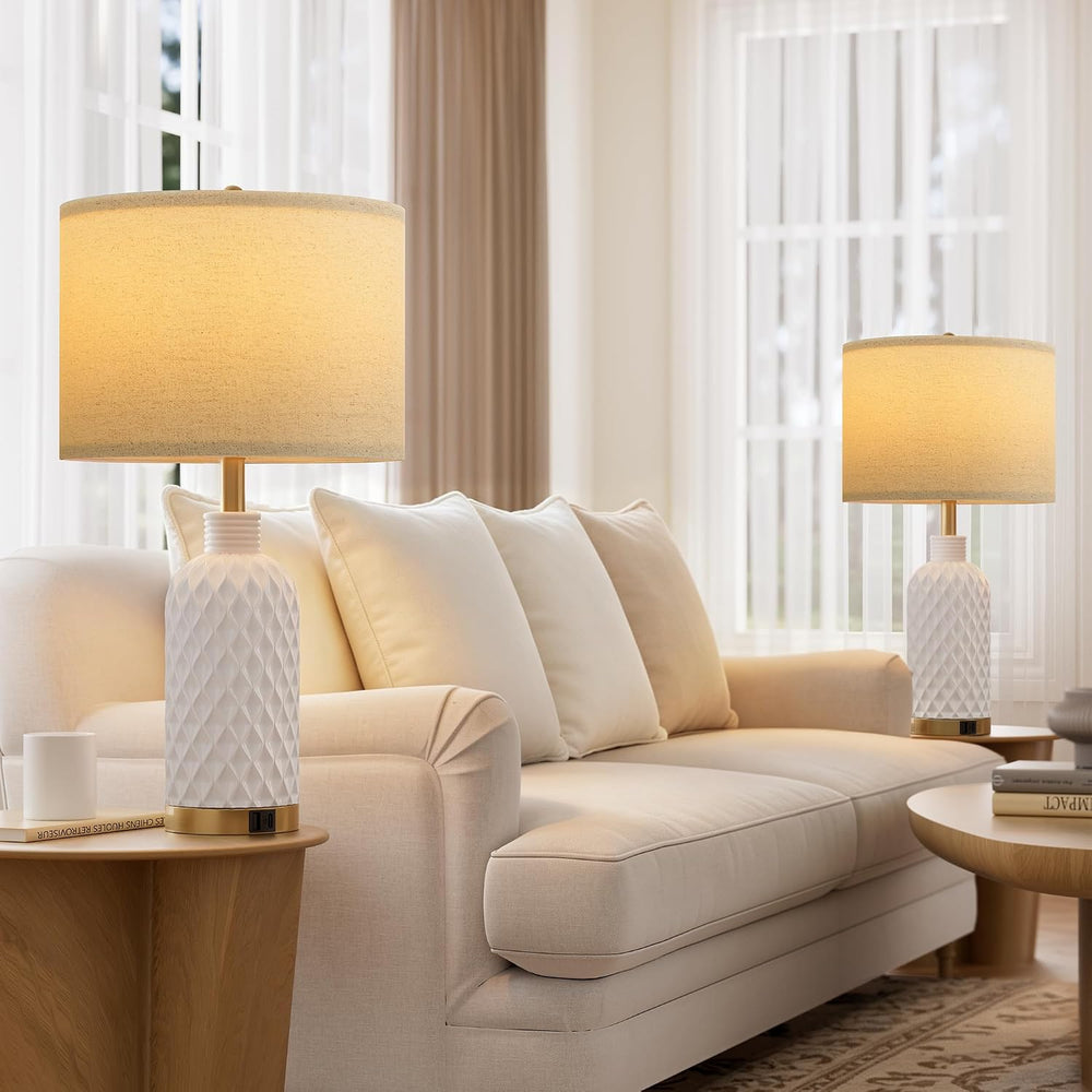 SIBRILLE 25" Ceramic Table Lamps Set of 2, White, USB-C/USB-A & AC O...