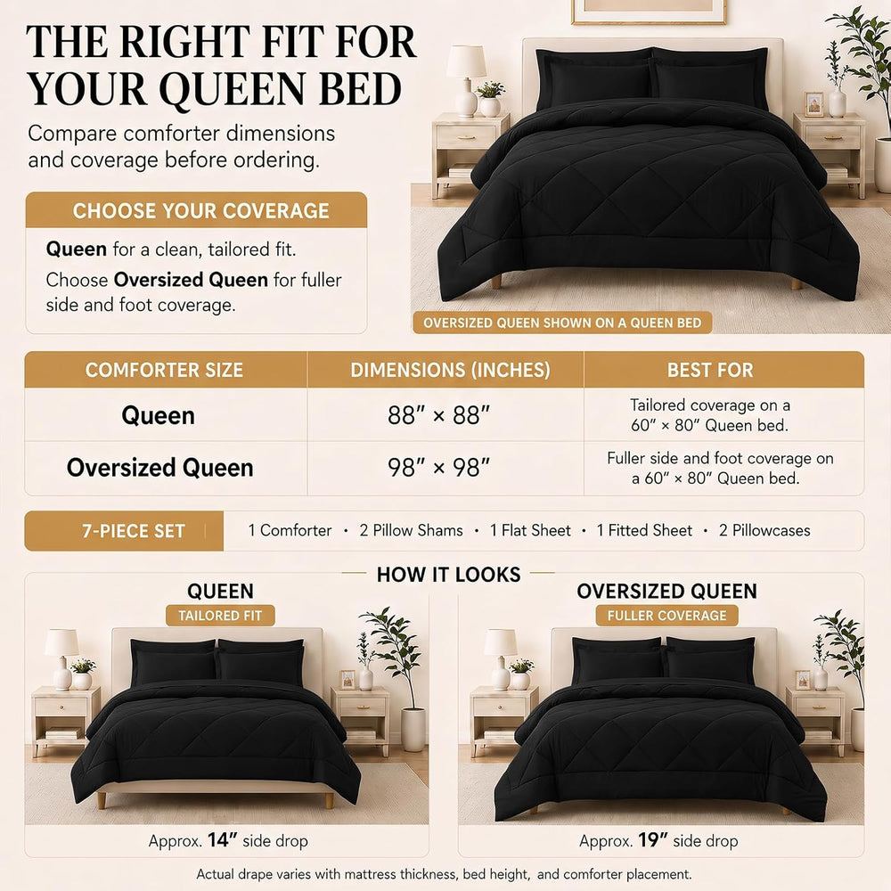 CozyLux Queen Comforter Set 88"x88" Black - 7 Piece Bed in a Bag
