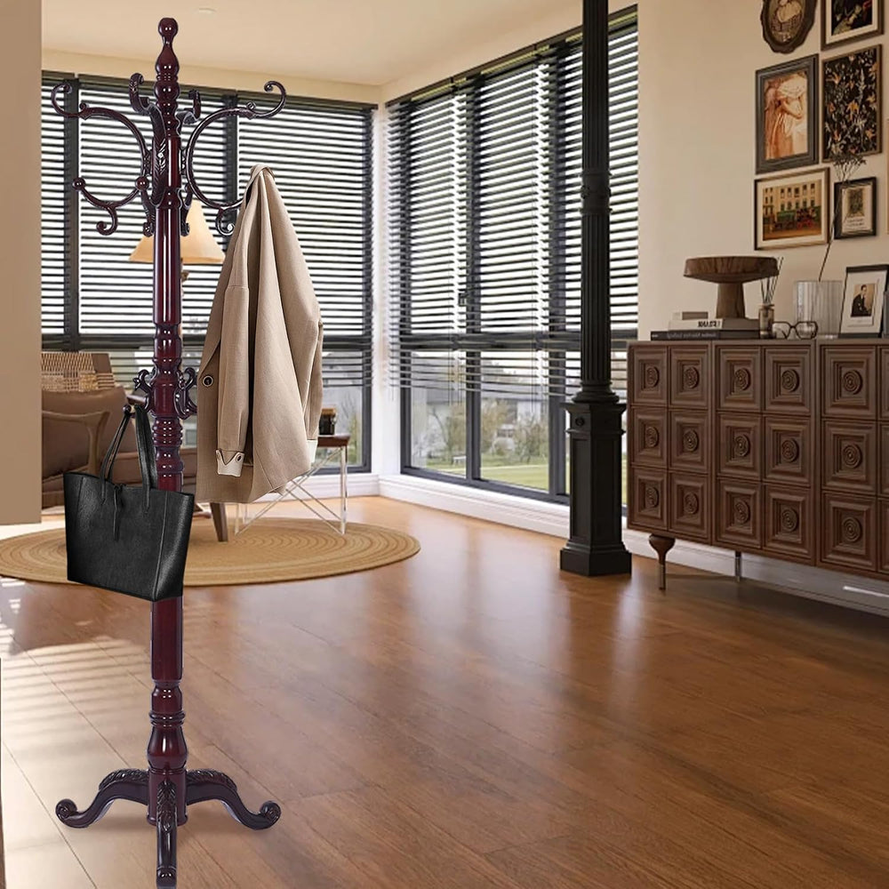 Wooden Coat Racks, Retro 78" Coat Tree with 12 Hooks & Stable Triang...