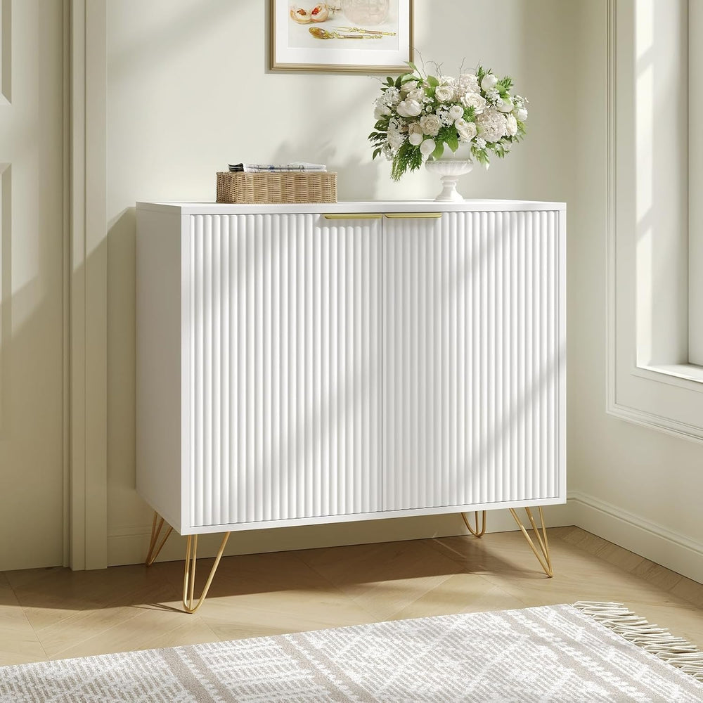 Storage Cabinet with 2 Fluted Doors and Adjustable Shelves, White丨Modern Wood...