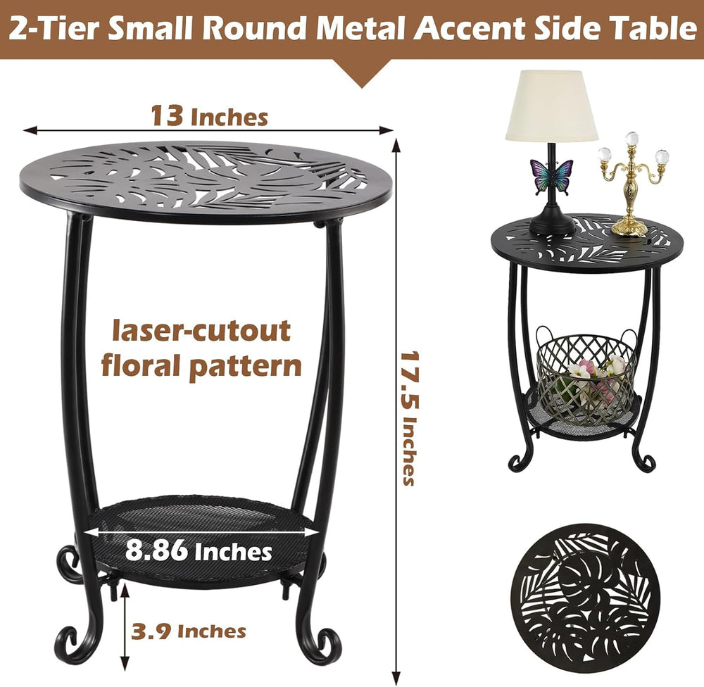 2-Tier Metal Round Side Table Set of Two Black Accent Coffee Tables Small Spa...