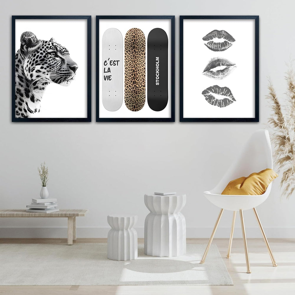 Framed Stockholm Style Canvas Wall Art Set of 3 Black and White Fashion Leopa...