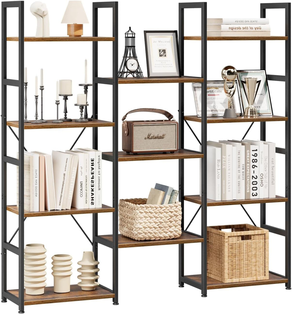 NUMENN Triple Column 4 Tier Bookshelf with 11 Adjustable Shelves, Vintage