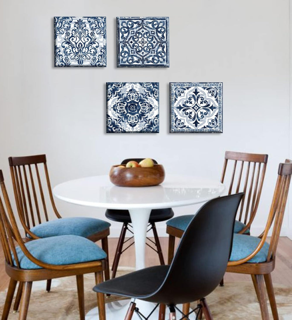 Bathroom Wall Decor Navy Blue Flower Paintings Canvas, 12"Wx12"Hx4 pcs