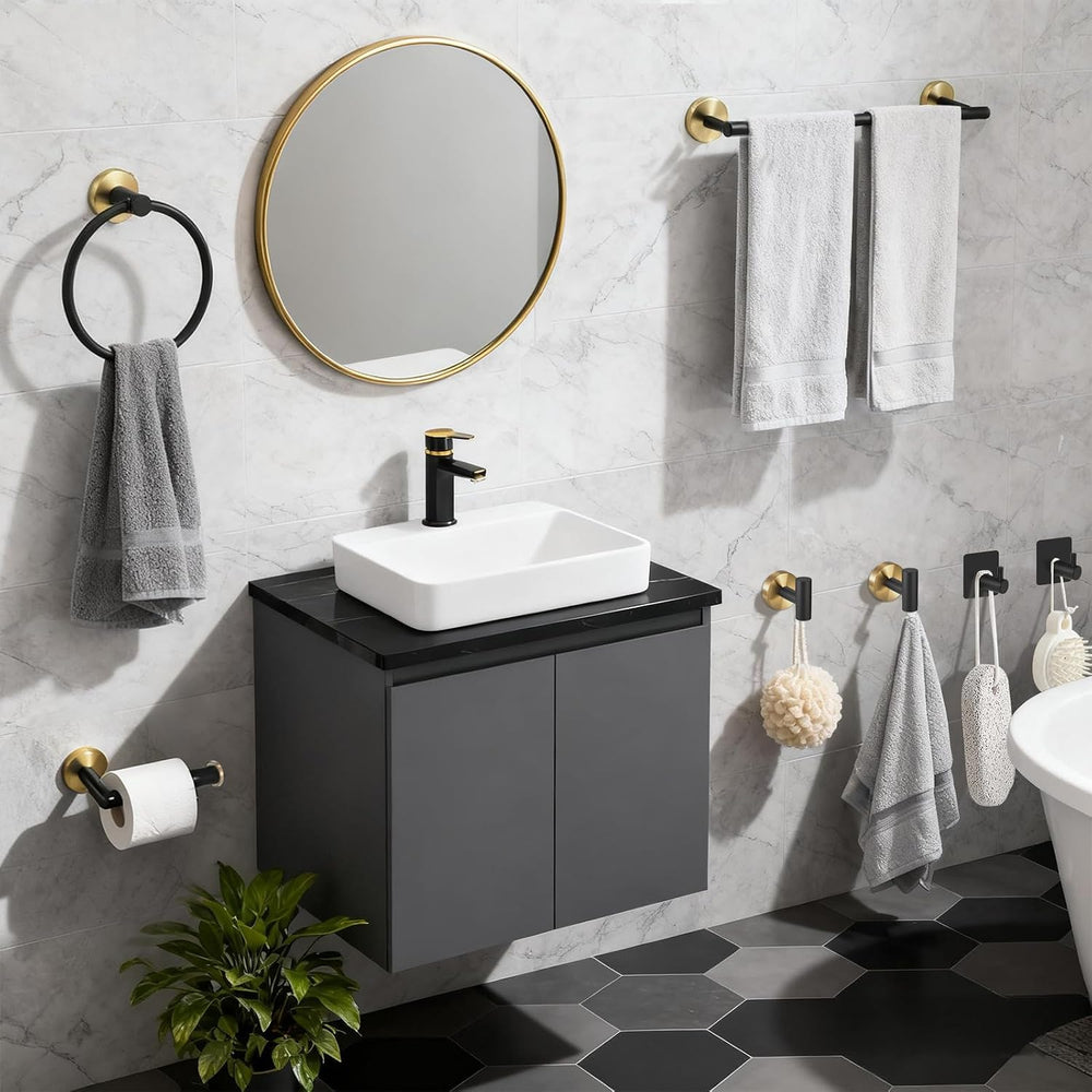 7 Pcs Bathroom Towel Holder Set, Towel Racks for Bathroom | Black and Gold Ba...