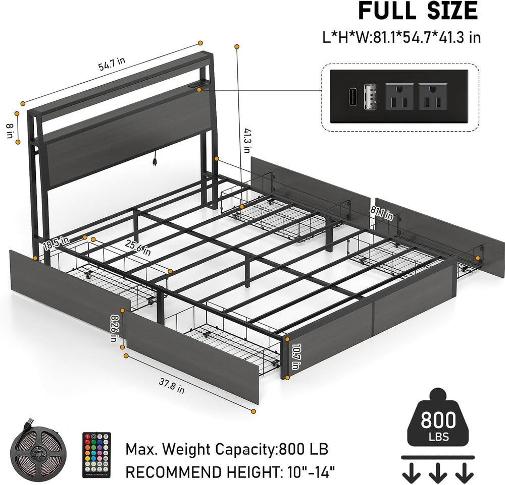 Full Size Bed Frame with LED Light Headboard and 4 Storage Drawers