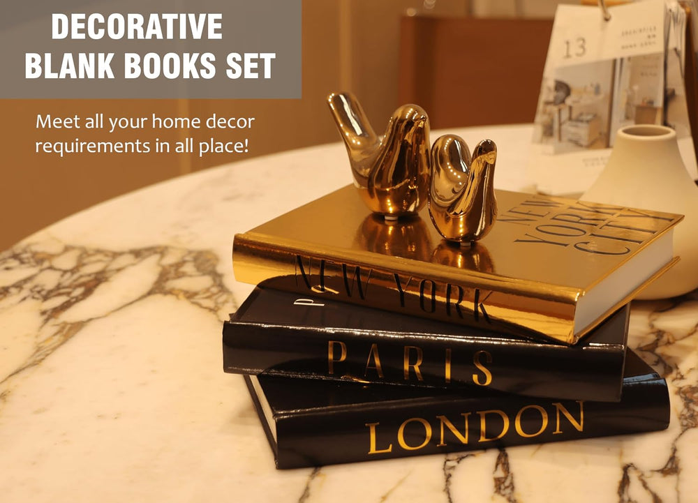 Decorative Books for Home Decor with Gold Bird Statues, 3-Piece Book Set