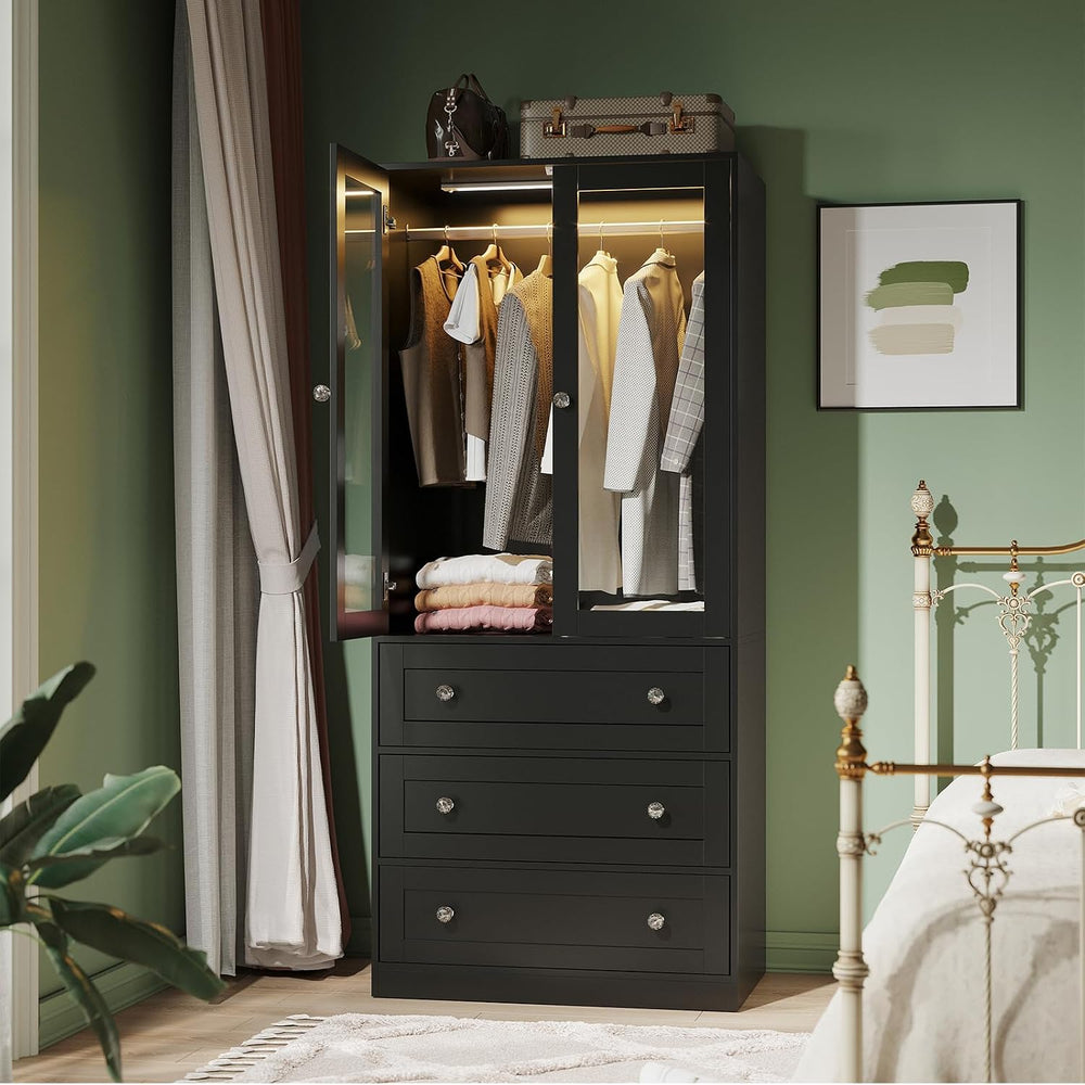 VOWNER 71" H Armoire Wardrobe Closet with Motion Sensor LED Light (Black)
