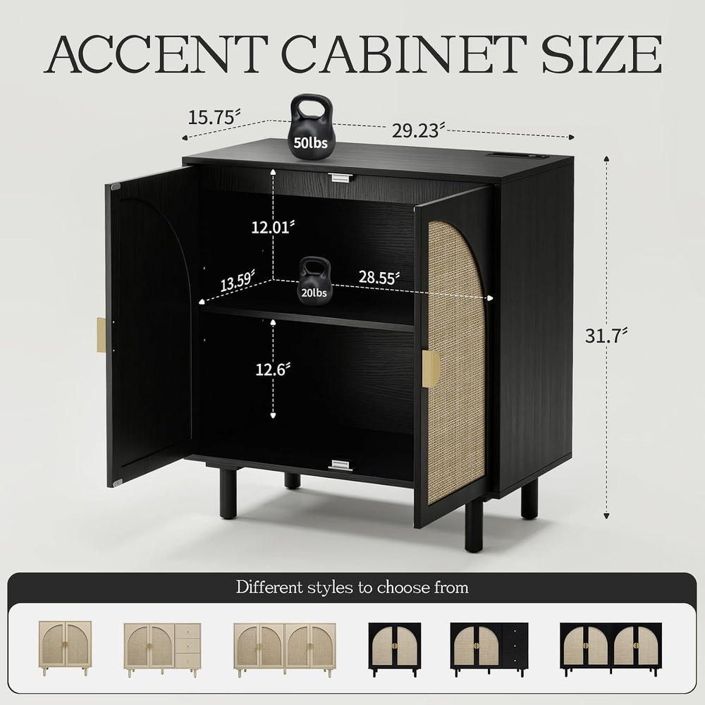 Black Minimalist 2-Door Sideboard with Woven Textured Panels, Black Storage C...