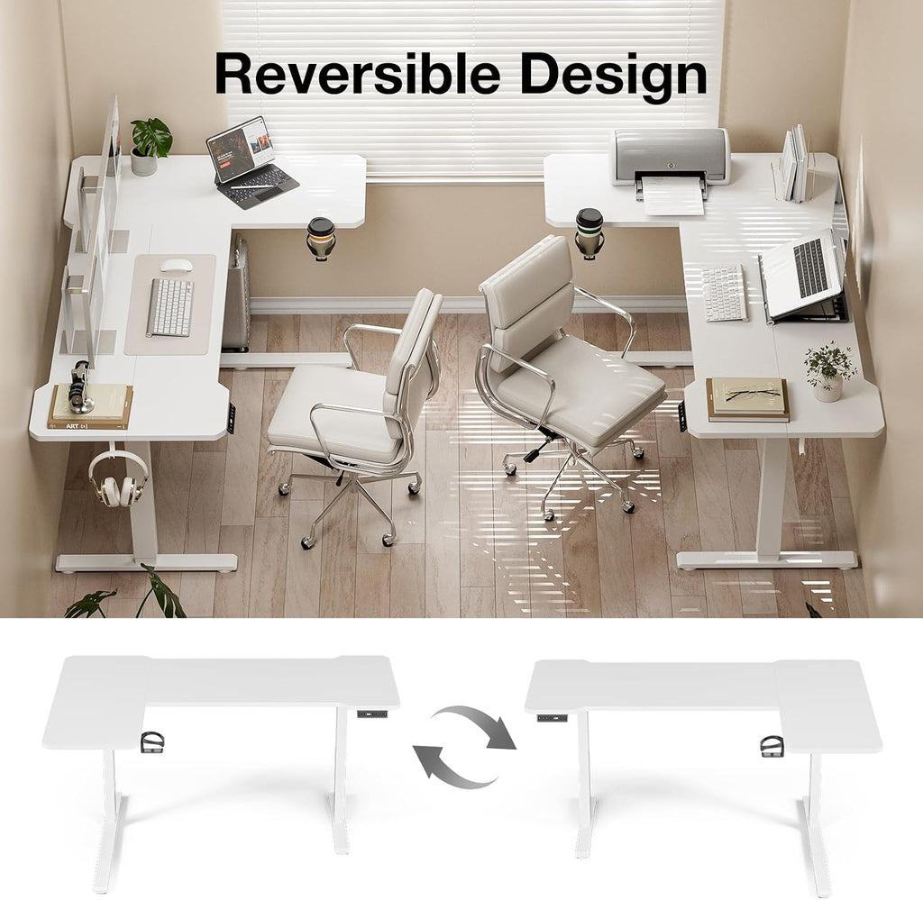 Acrolix L Shaped Electric Standing Desk - 59x40 Inch Reversible Corner Sit Stand Desk with Hook&Cup Holder,Electric Height Adjustable Table,for Home Office Gaming Computer Desk, White
