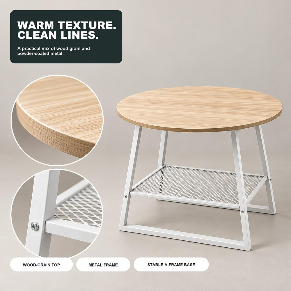 Lightdot 2‑Tier Round Side Table, Walnut End Table with Metal Mesh Shelf