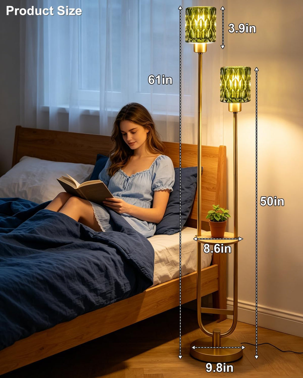 Green Glass Floor Lamp with Table Shelf, Modern Gold Standing Lamp