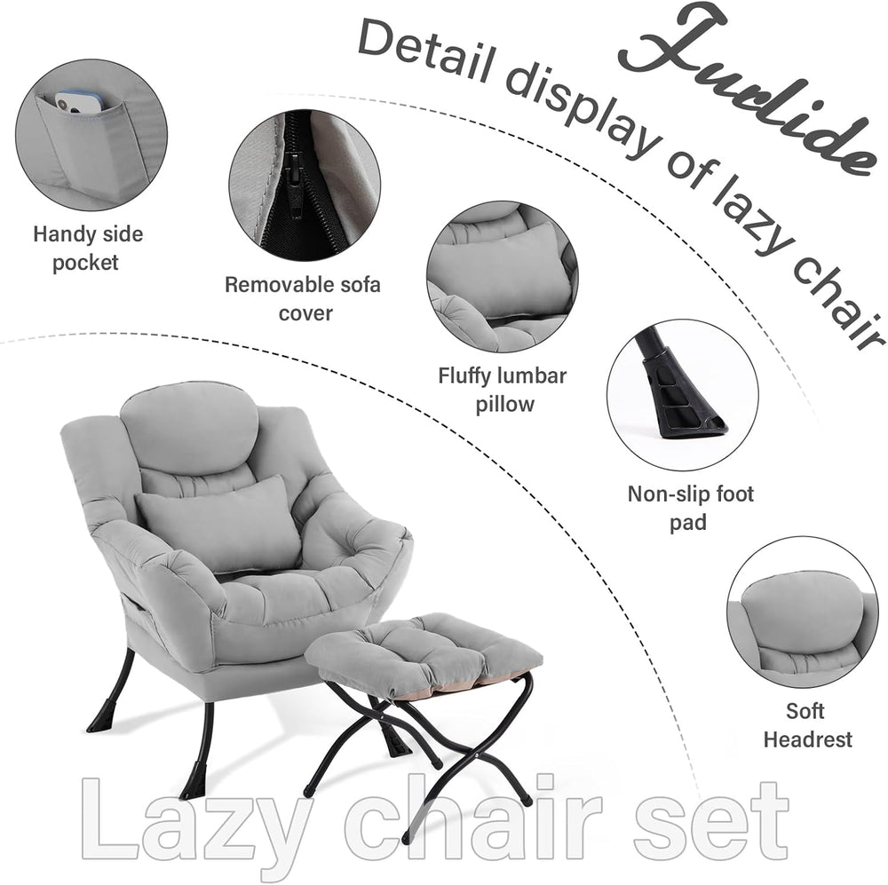 Furlide Lazy Chair with Ottoman, Modern Lounge Chair with Lumbar Pillow, Acce...