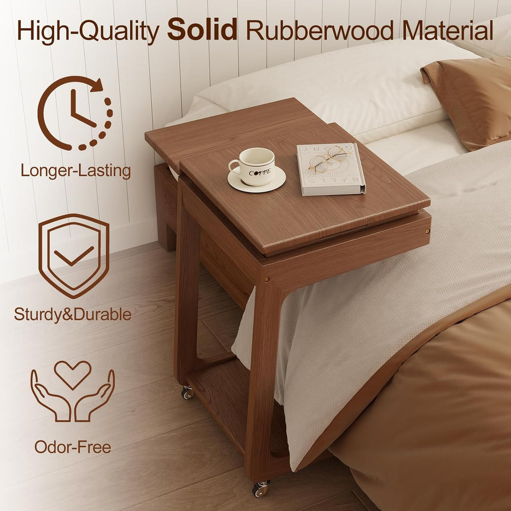 Solid Wood C Shaped End Table for Couch, Walnut Couch Desk