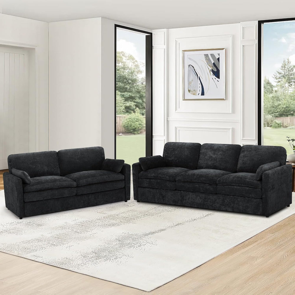 2 Pieces Chenille Upholstered Sofa Set w/Thicker Cushions, Black