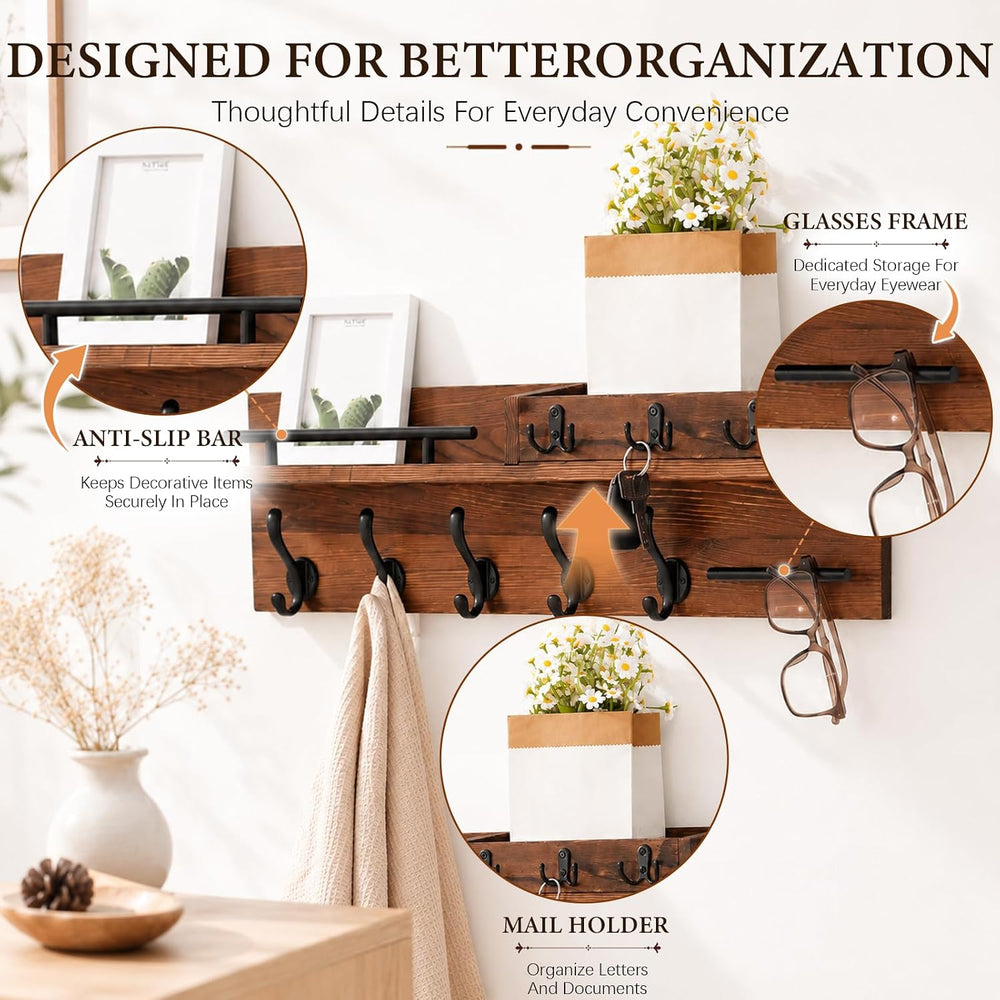 Wall Mount Wooden Coat Rack with Shelf, Entryway Key Hook Rack for Hallway