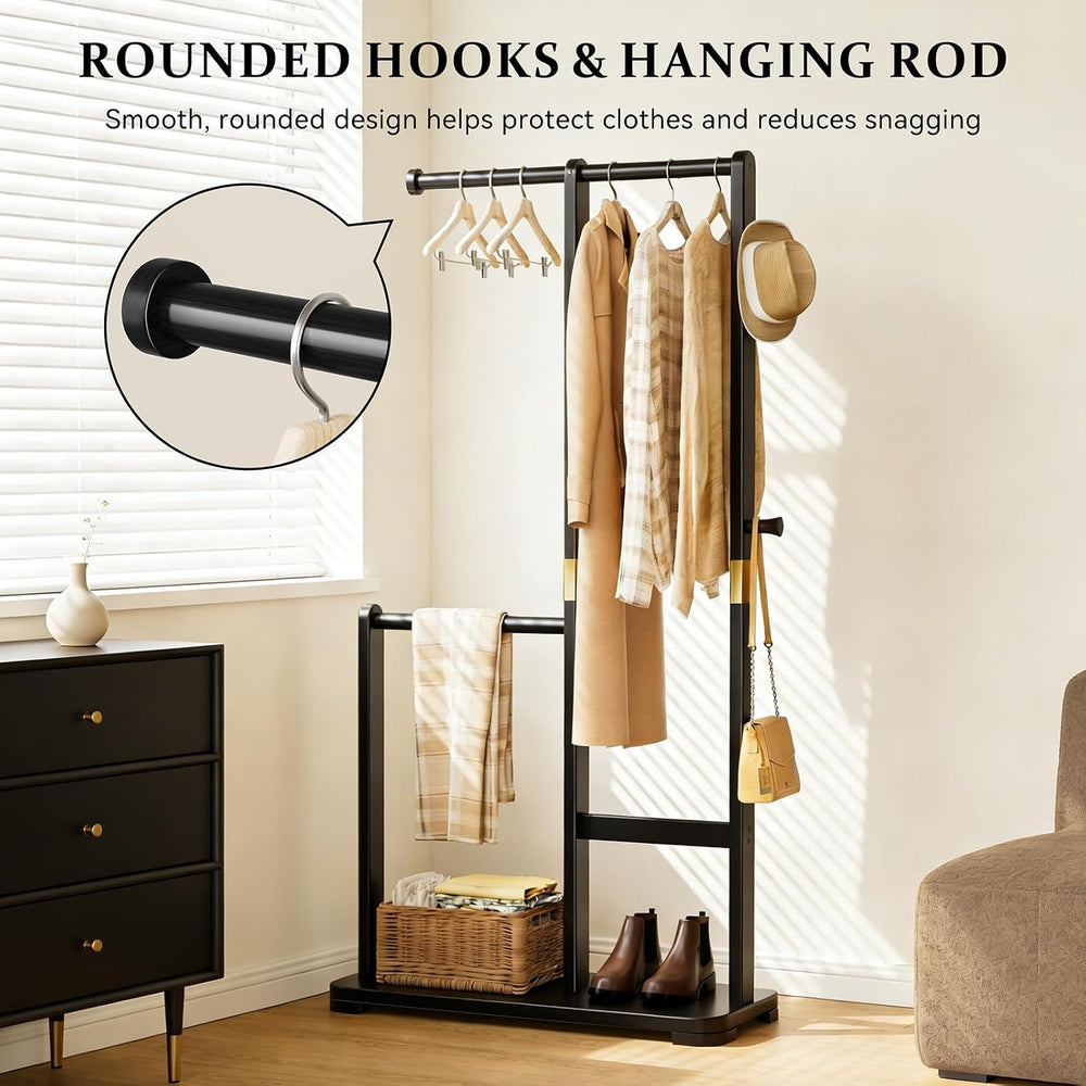 Solid Wood Coat Rack, Freestanding Standing Clothes Rack with Double Hanging ...