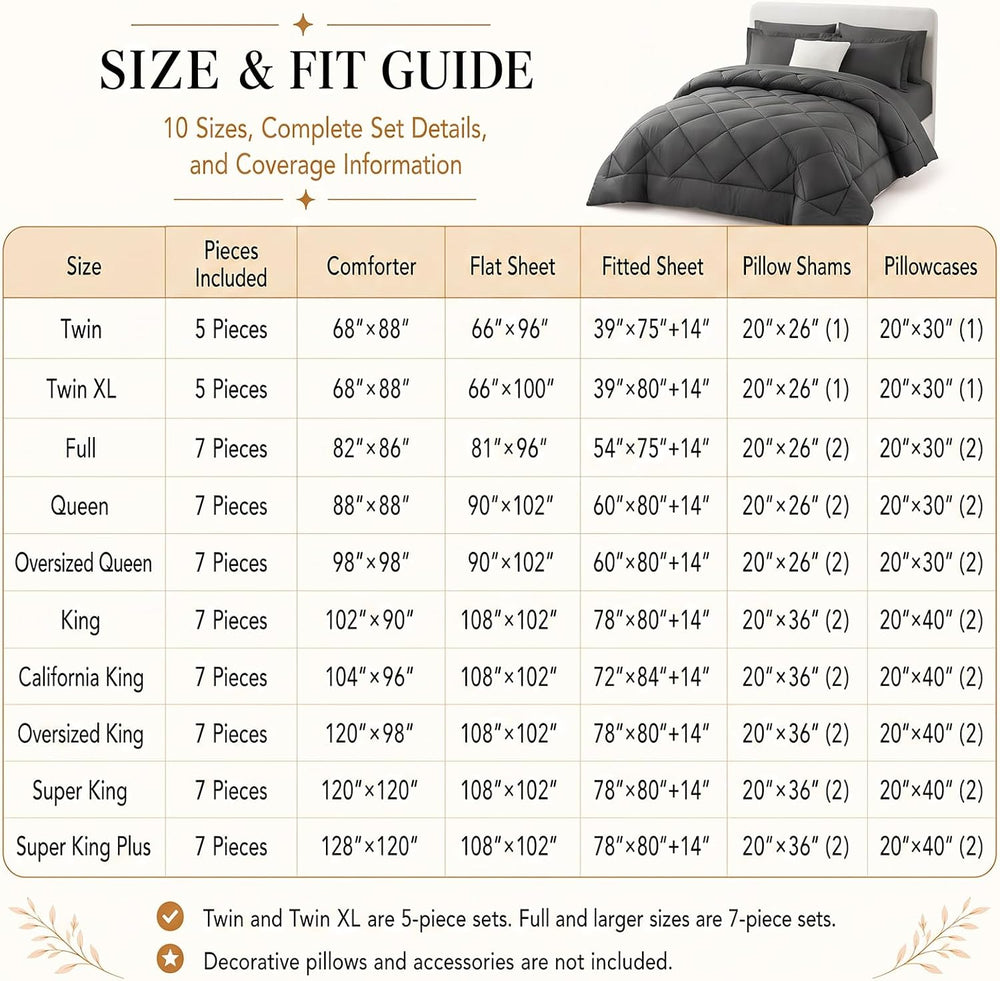 CozyLux Queen Comforter Set 88"x88" Dark Grey - 7 Piece Bed in a Bag