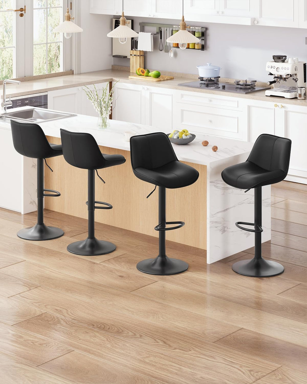 Bar Stools Set of 4, Adjustable Swivel Faux Leather Barstools 26-34inch with ...
