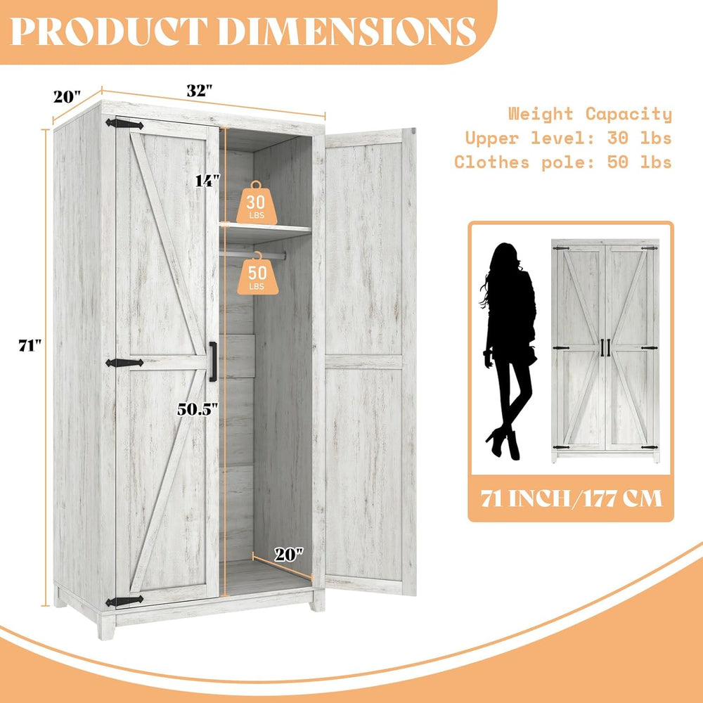 AMERLIFE 71" Farmhouse Wardrobe Closet with Hanging Rod & Barn Doors