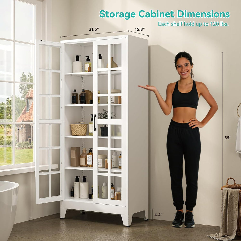 Metal Storage Cabinet with Glass Doors and Adjustable Shelves