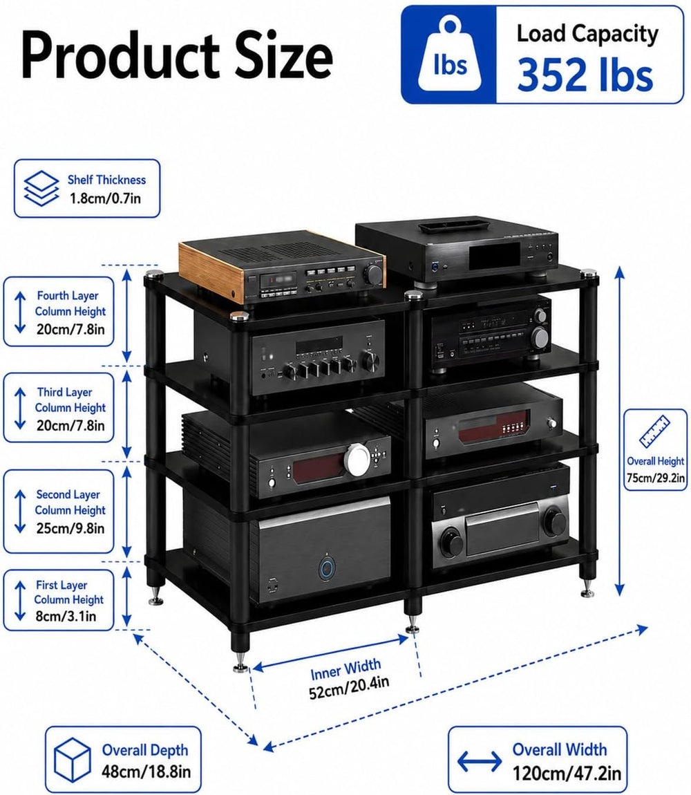 4 Tier Heavy Duty AV Media Stand, Stereo Stands and Racks, Teak