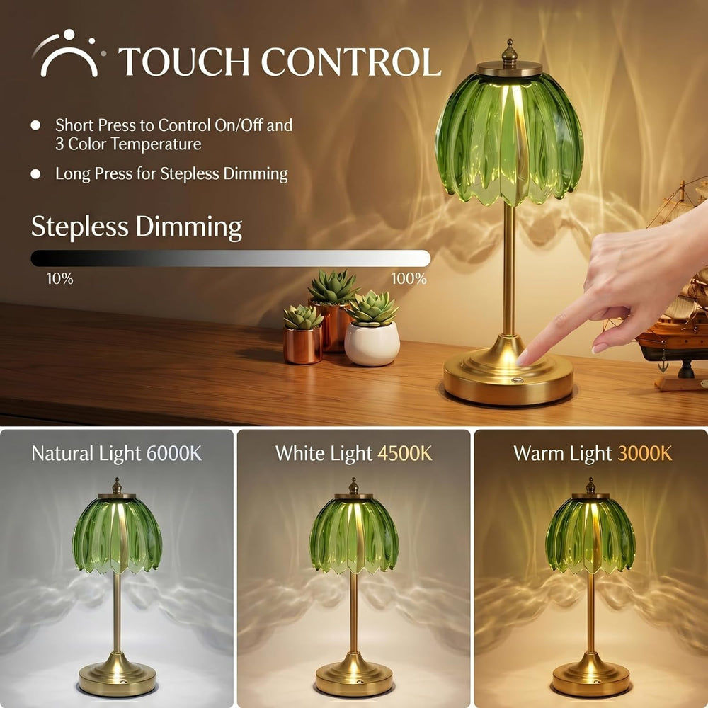 EJQ Glass Tulip Rechargeable Table Lamp, Cordless Flower Table Light -Green