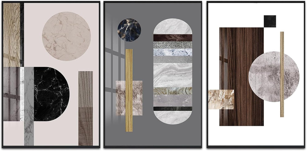 QKF 3Pcs Marble Wood Grain Geometric Crystal Framed Canvas Wall Art Decor