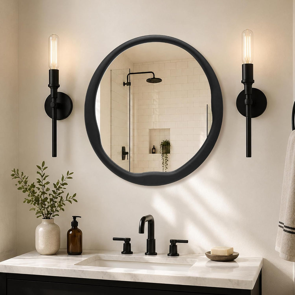 Matte Black 24 Inch Round Wood Wall Mirror, Asymmetrical Inner Edge