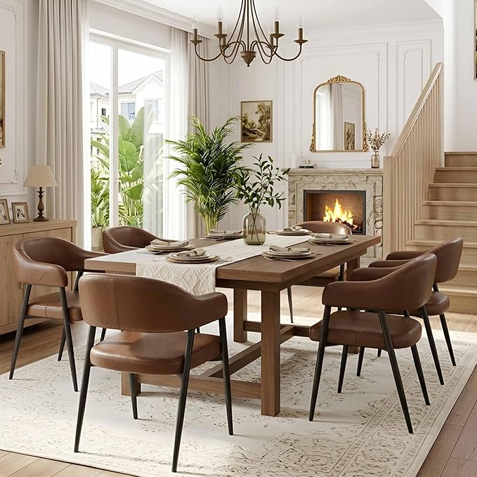 HNY Modern Dining Room Arm Chairs Set of 6, Retro Faux Leather Upholstered Barrel Dining Chairs with Arms Mid-Century Brown Accent Chair with Metal Legs, Open-Back Kitchen Side Chair for Living Room